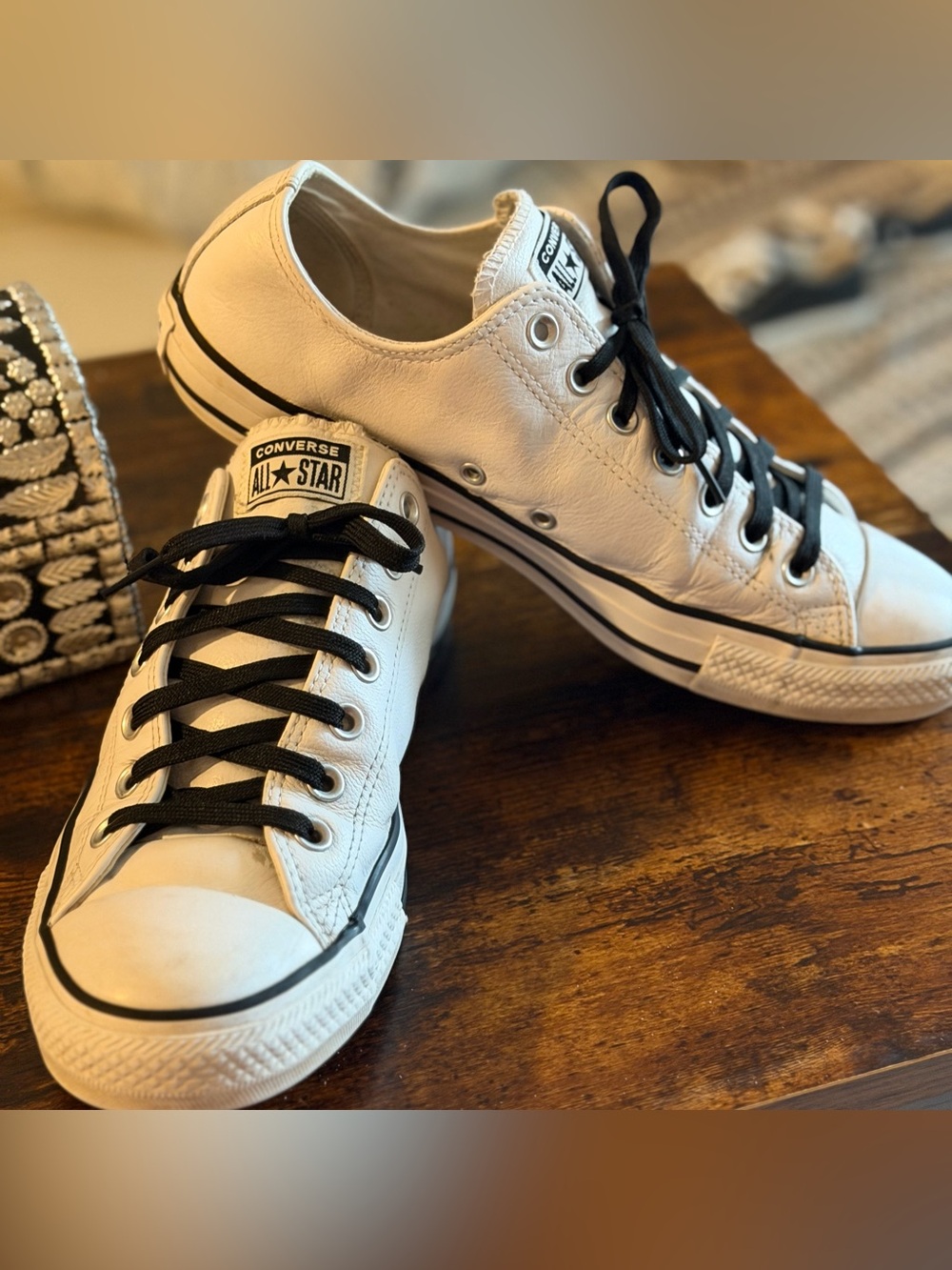 Converse All Star Leather Low Top Sneakers – White/Black – Men's 10 / Women's 12 - Picture 3 of 10
